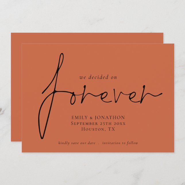 Elegant Script Forever QR code Terracotta  Save The Date (Front/Back)