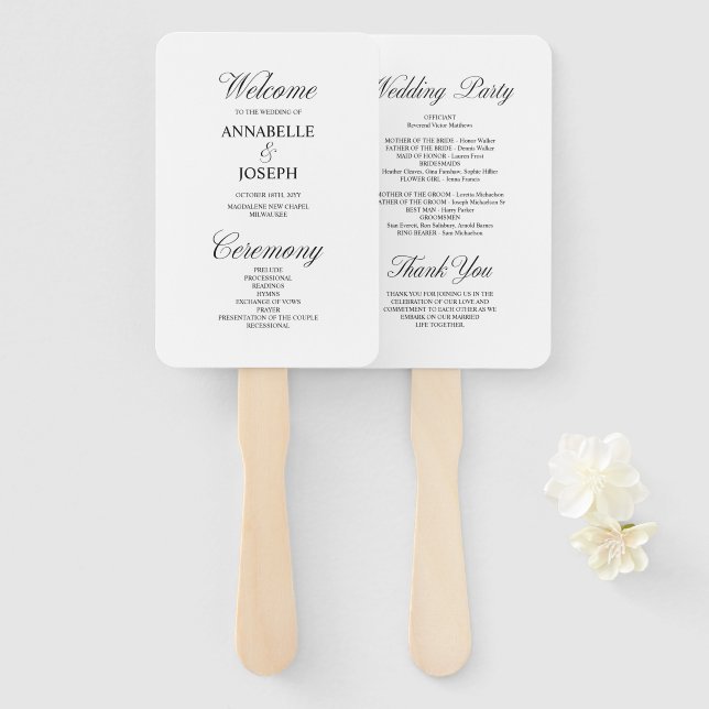 Elegant Script Formal White Wedding Program Hand Fan (Front and Back)