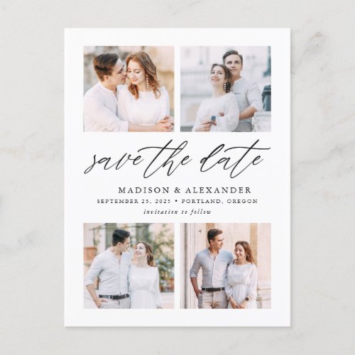 Elegant Script Four Photo Collage Save The Date Announcement Postcard