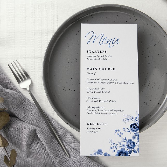 Elegant Script French Blue Floral Toile Wedding  Menu (Creator Uploaded)