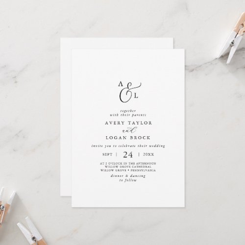 Elegant Script Front and Back Monogram Wedding Invitation