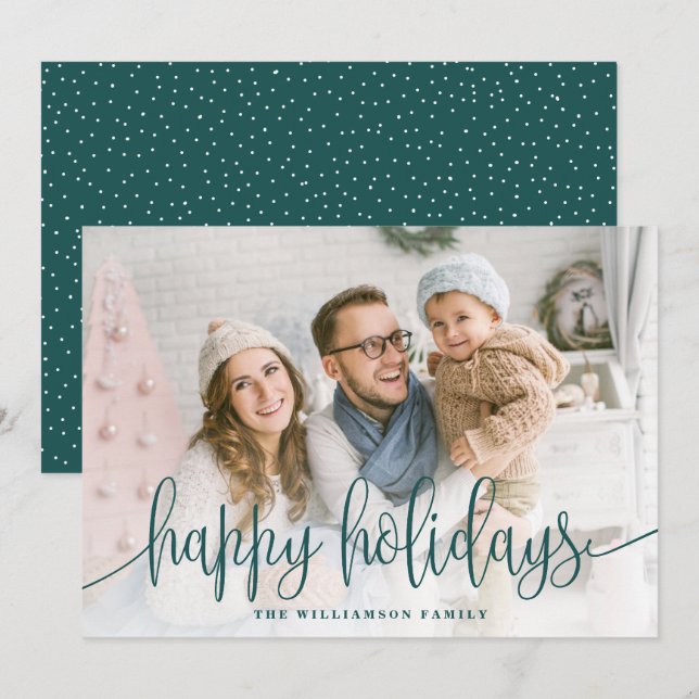 Elegant Script Full Photo Happy Holidays Green Holiday Card (Front/Back)