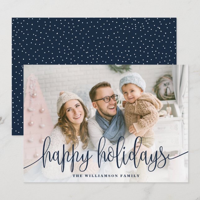 Elegant Script Full Photo Happy Holidays Navy Holiday Card (Front/Back)