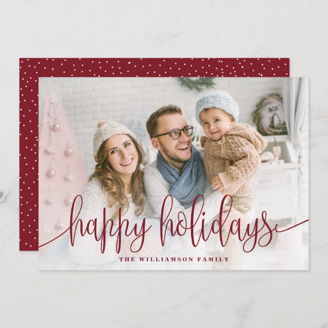 Elegant Script Full Photo Happy Holidays Red Holiday Card (Front/Back)