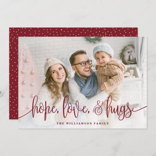 Elegant Script Full Photo Hope Love Hugs Red Holiday Card