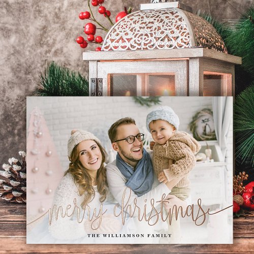 Elegant Script Full Photo Merry Christmas Foil Holiday Card