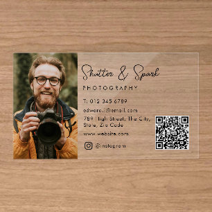 Elegant Script Full Photo Photography QR Code Clear Business Cards