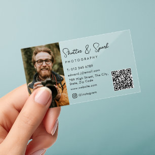 Elegant Script Full Photo Photography QR Code Clear Business Cards
