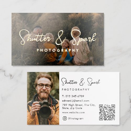 Elegant Script Full Photo Photography QR Code Foil Business Cards