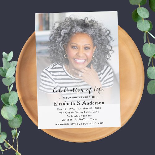 Elegant Script Funeral Photo Celebration of Life Invitation