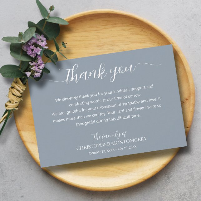 Elegant Script Funeral Thank You Card (Elegant script blue funeral thank you cards)