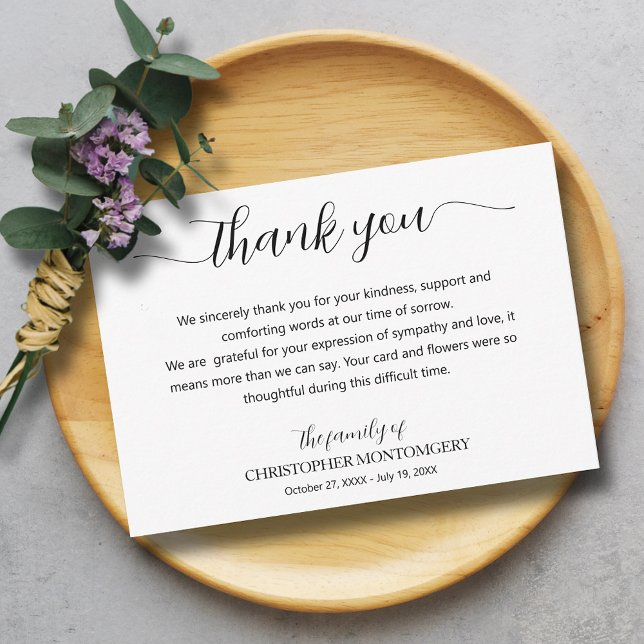 Elegant Script Funeral Thank You Card (Elegant script funeral thank you cards)