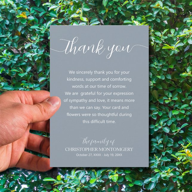 Elegant Script Funeral Thank You Card (Simple blue funeral thank you cards are 3.5" x 5" or choose a different size)