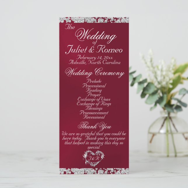 Elegant Script & Glitter - Burgundy Wedding Program (Standing Front)