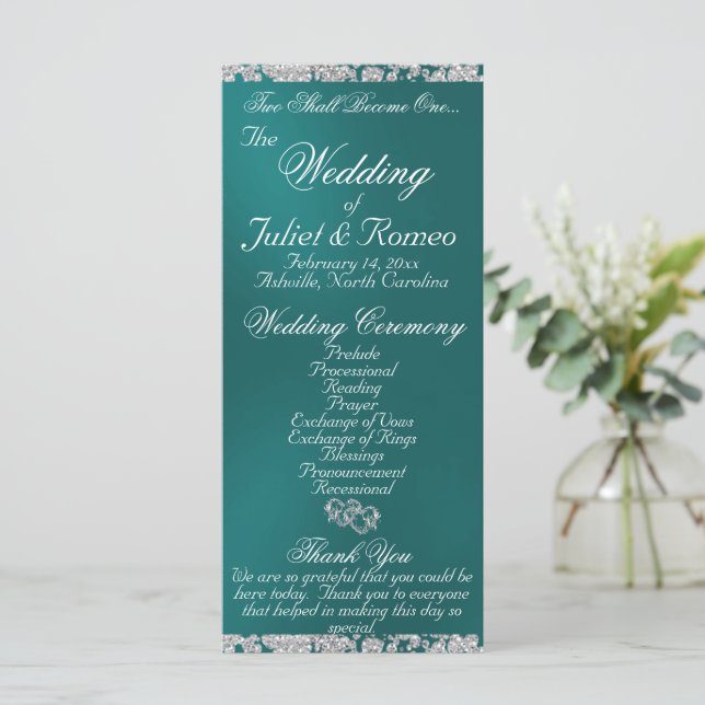 Elegant Script & Glitter - Teal Wedding Program (Standing Front)