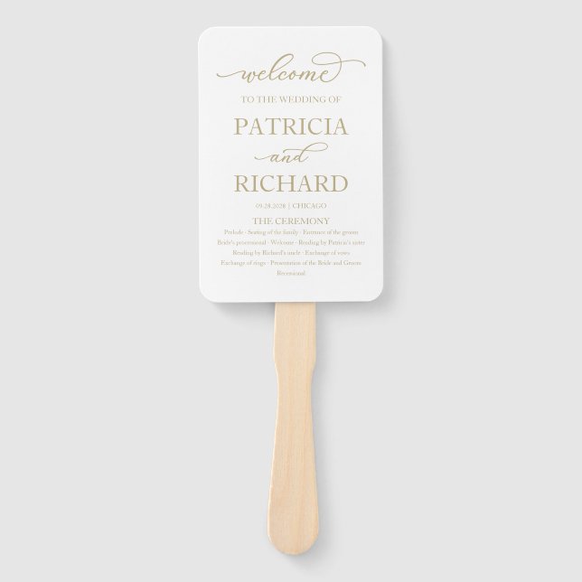 Elegant Script Gold And White Wedding Program Hand Fan (Front)