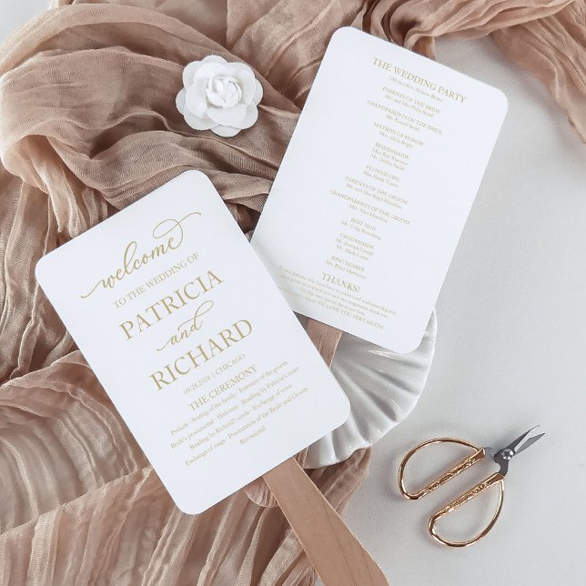 Elegant Script Gold And White Wedding Program Hand Fan (Creator Uploaded)