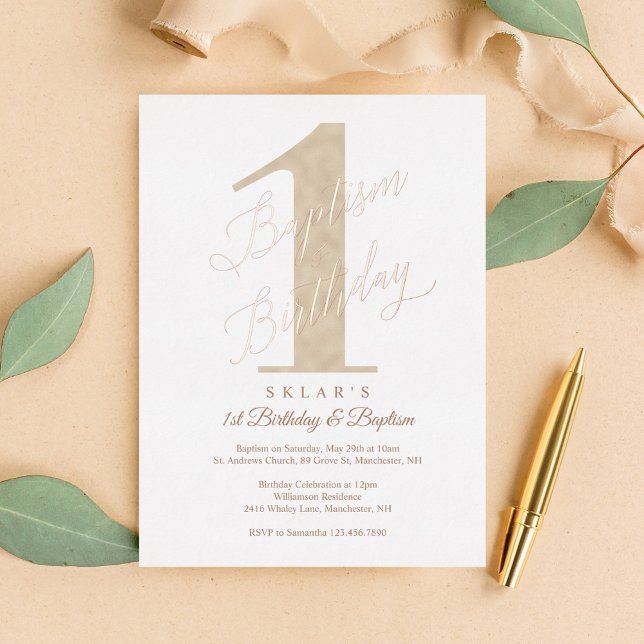 Elegant Script Gold Baby's 1st Birthday & Baptism Foil Invitation (Elegant Script Gold Baby's 1st Birthday & Baptism Foil Invitation)