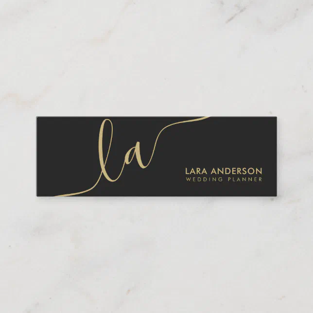 Elegant script gold black modern monogram initials mini business card ...