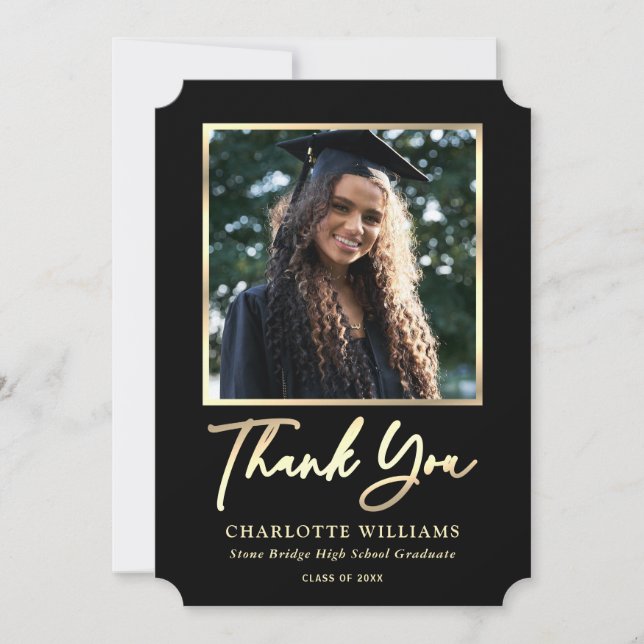 Elegant Script Gold Black Modern Photo Graduation Thank You Card (Front)
