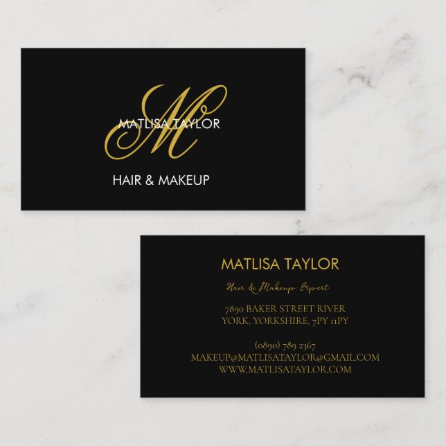 Elegant Script Gold Black Monogram Initial  Business Card (Front/Back)