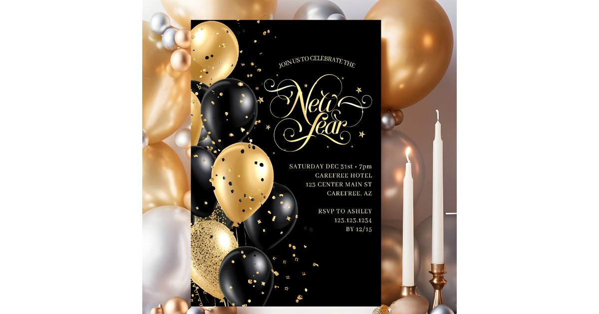Elegant Script Gold Black New Years Eve Invitation | Zazzle