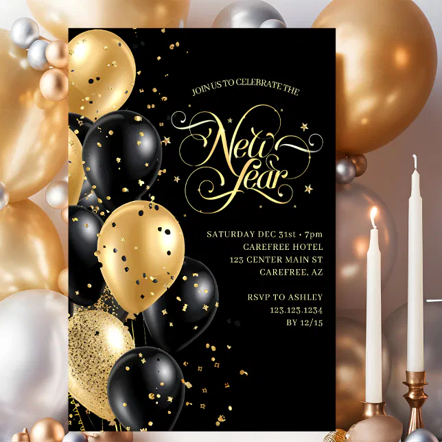 Elegant Script Gold Black New Years Eve Invitation | Zazzle