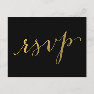 Elegant Script Gold Black Wedding RSVP Invitation Postcard