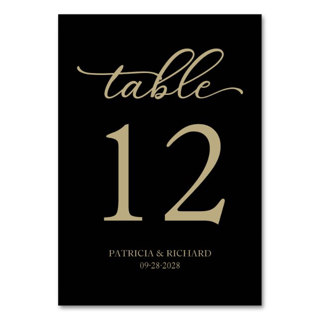 Elegant Script Gold Black Wedding Table Number (Front)