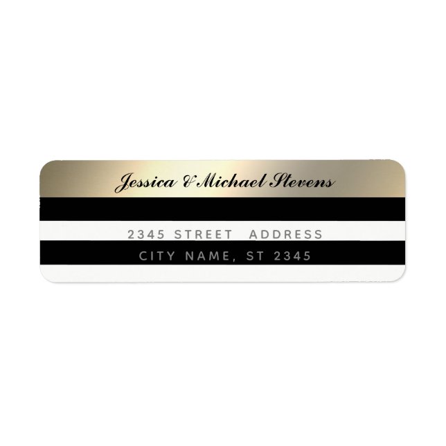 Elegant script gold black/white stripes wedding label (Front)