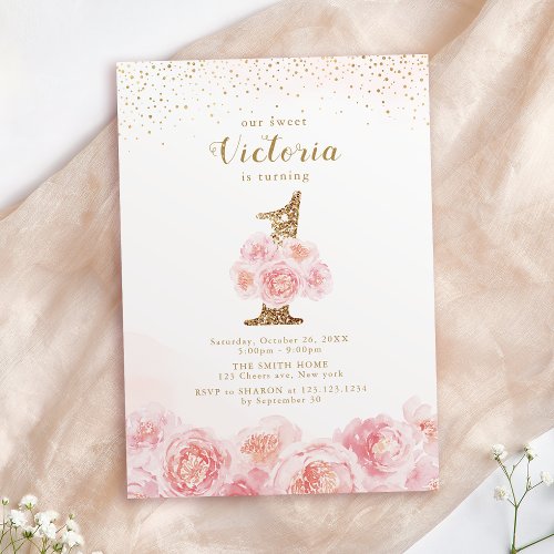 Elegant script gold  blush floral 1st birthday invitation