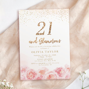 Elegant script gold & blush floral 21st birthday invitation