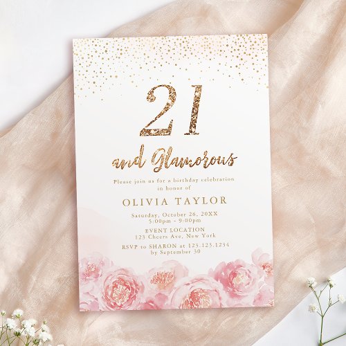Elegant script gold  blush floral 21st birthday invitation
