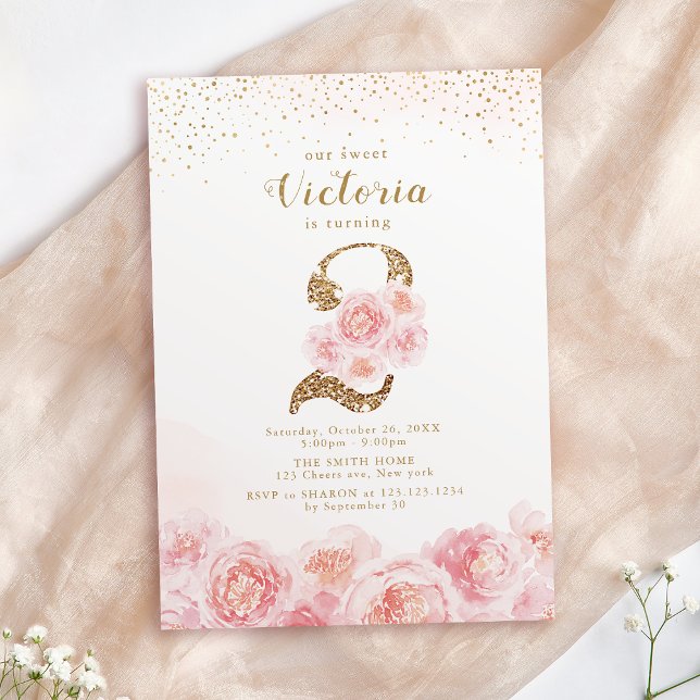 Elegant script gold & blush floral 2nd birthday in invitation (Elegant script gold & blush floral 2nd birthday in invitation)