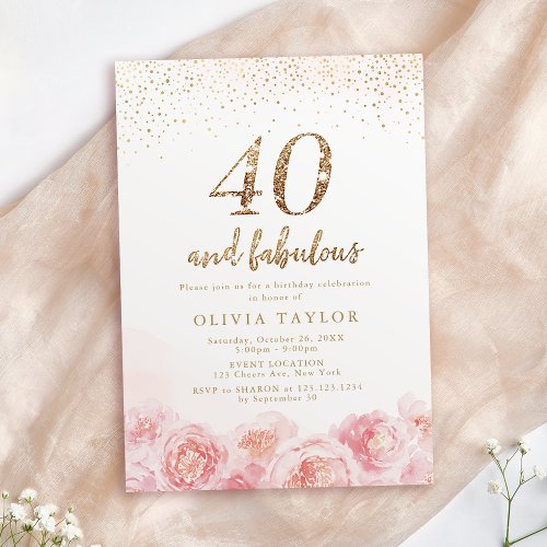 Elegant script gold  blush floral 40th birthday invitation