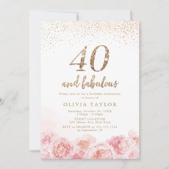 Elegant script gold & blush floral 40th birthday invitation | Zazzle