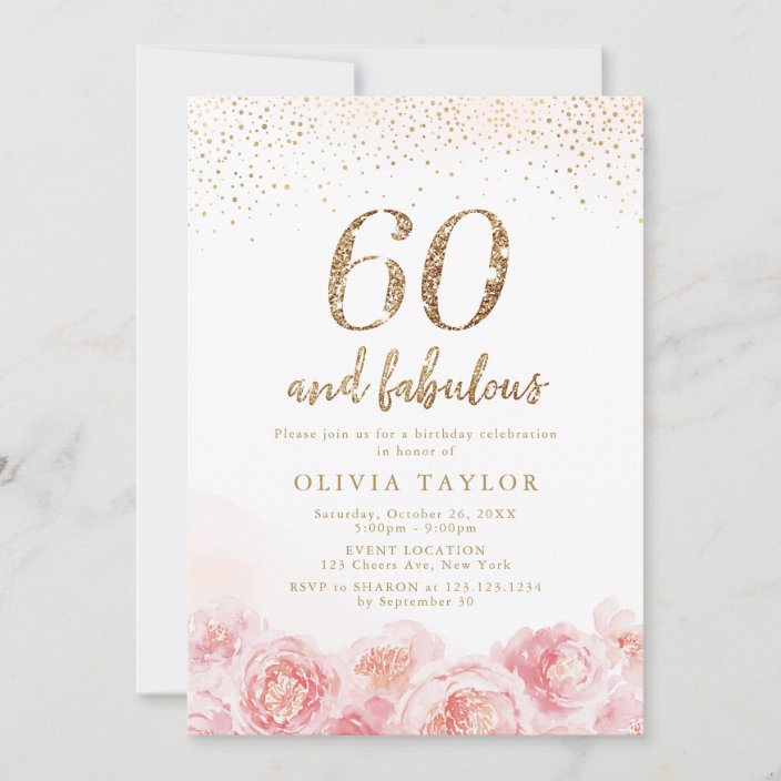 Elegant script gold & blush floral 60th birthday invitation | Zazzle