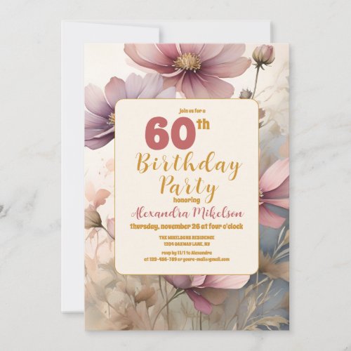 Elegant script gold  blush floral 60th birthday invitation