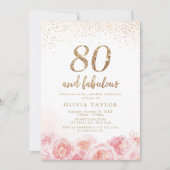 Elegant script gold & blush floral 80th birthday invitation (Front)