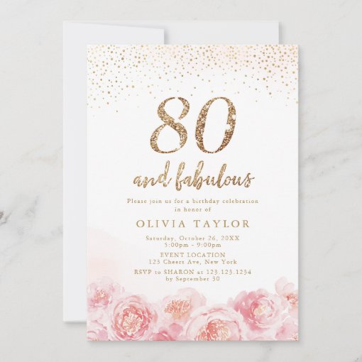 Elegant script gold & blush floral 80th birthday invitation | Zazzle