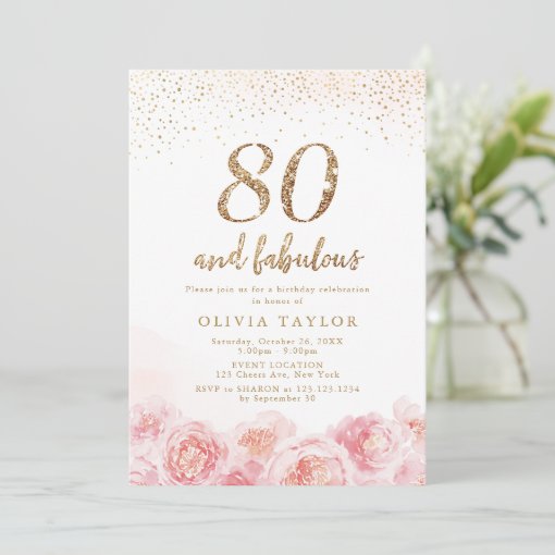 Elegant script gold & blush floral 80th birthday invitation | Zazzle