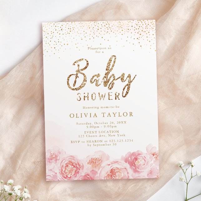 Elegant script gold & blush floral baby shower invitation (Elegant script gold & blush floral baby shower invitation)