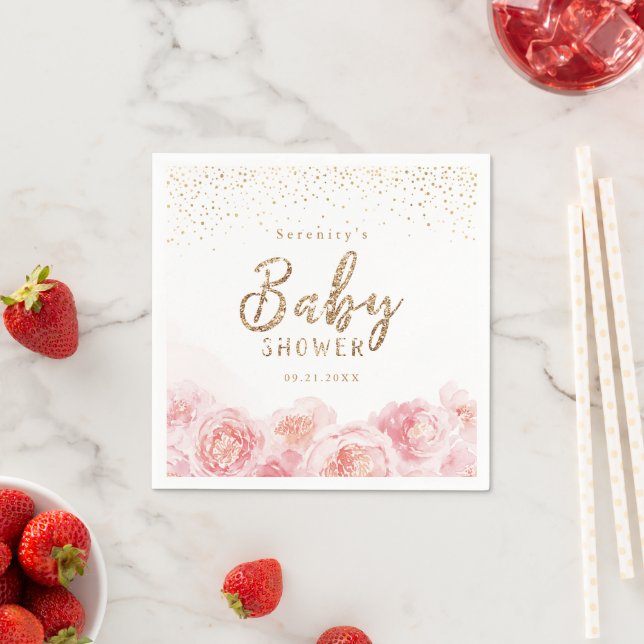 Elegant script gold & blush floral baby shower napkins (Insitu)