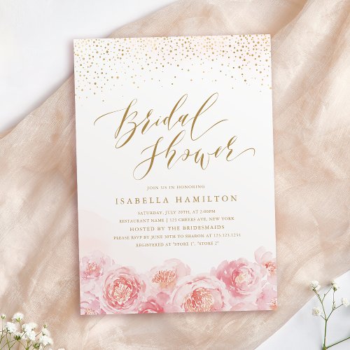 Elegant script gold  blush floral bridal shower invitation