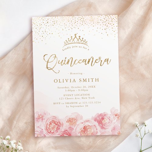 Elegant script gold  blush floral Quinceanera Invitation
