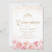 Elegant script gold & blush floral Quinceanera Invitation (Front)
