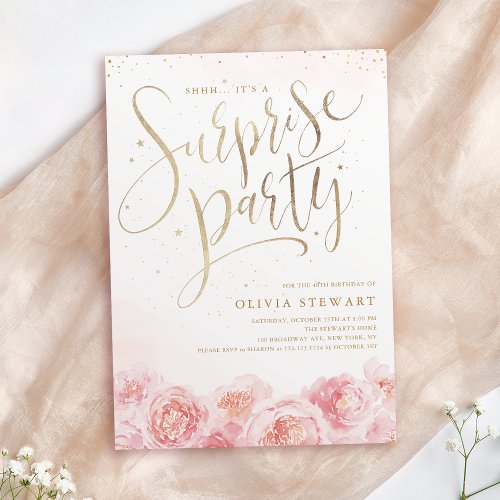 Elegant script gold blush floral surprise birthday invitation