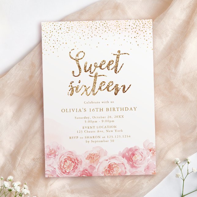 Elegant script gold & blush floral sweet sixteen invitation (Elegant script gold & blush floral sweet sixteen invitation)