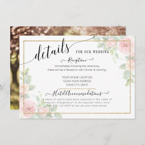 Elegant Script Gold Blush Floral Wedding Details Enclosure Card