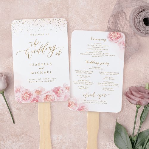 Elegant script gold  blush floral wedding program hand fan